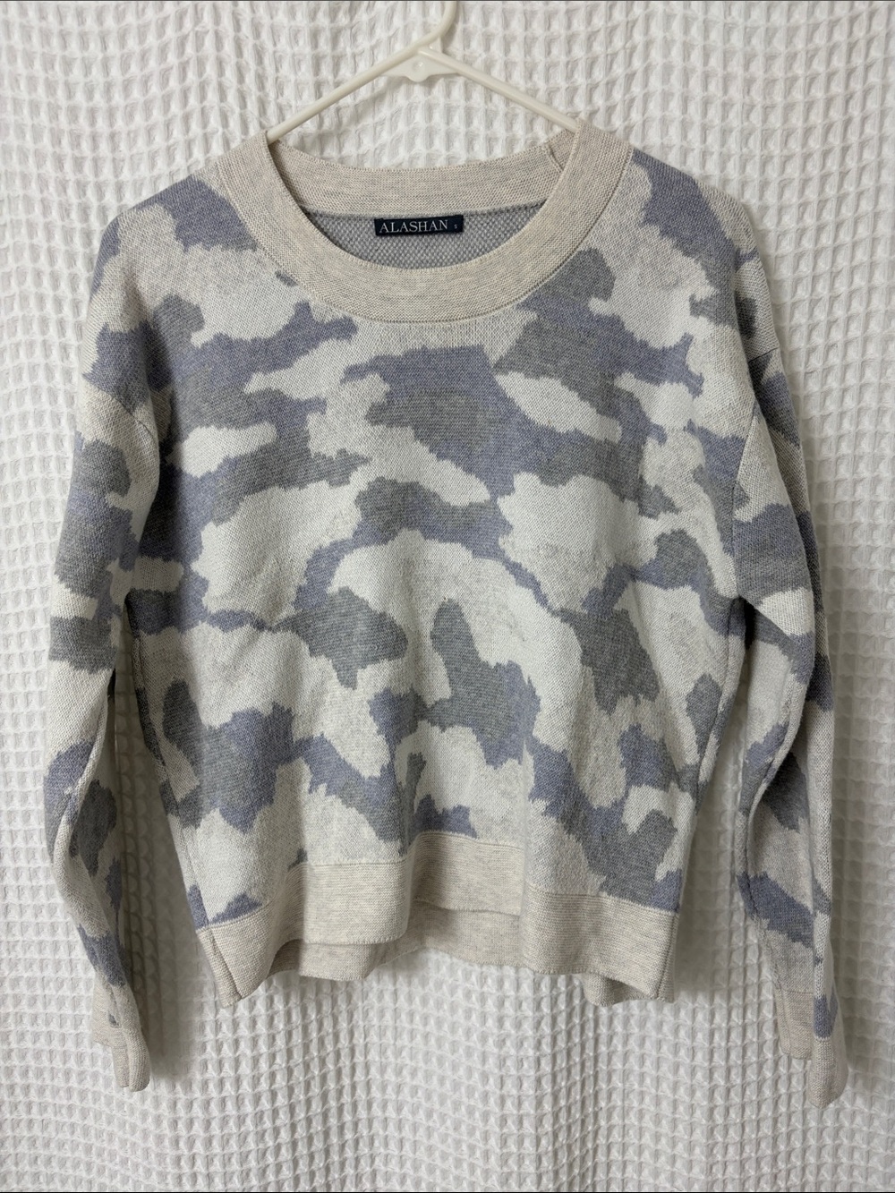 Alashan Camo Print Crewneck Cotton Cashmere Pullover Sweater Gray Tan Ivory S